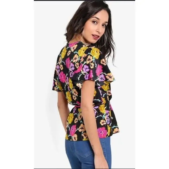 Topshop Floral Wrap Blouse Womens Size 10 Black Yellow Preppy Classic NWT - Picture 2 of 12